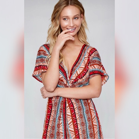 Aztec Red Teal Short Sleeve Tulip Hem Dress - Picture 3 of 11